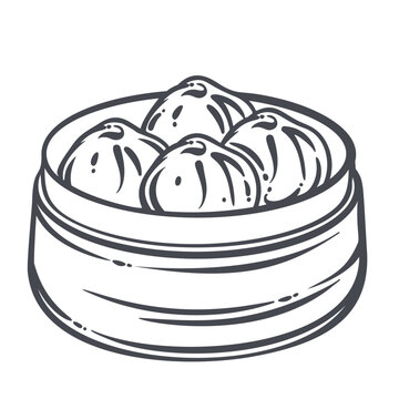 Chinese Dumpling in bamboo steamer with pleated buns, round basket rim and bold ink contour. Asian restaurant menu with chinese dumpling, outline vector illustration.