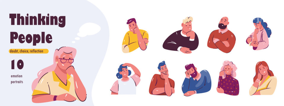 Thinking People emotion portrait set with thoughtful men and women, doubt, choice, reflection and speech bubble details. Psychology concept with Thinking People, flat cartoon vector illustration