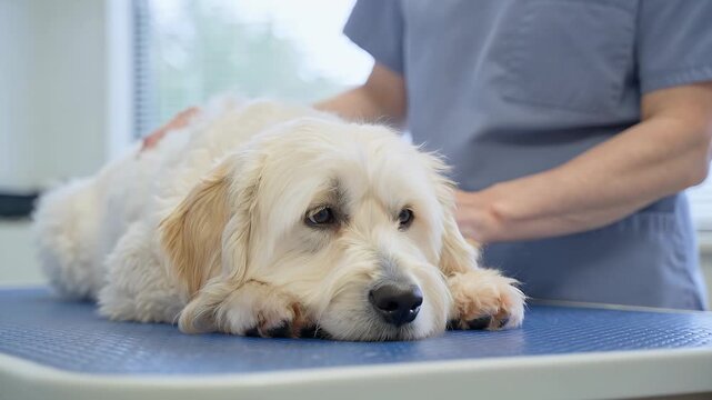 Veterinary, dog and vet with labradoodle for medical checkup, pet health and animal hospital care. Doctor, golden retriever and clinic with professional exam, wellness and nurse at workstation