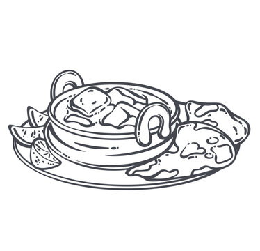 Indian Curry Pot with chunky curry, naan bread, lime wedges and sauce texture. Indian restaurant menu with indian curry pot, outline vector illustration.