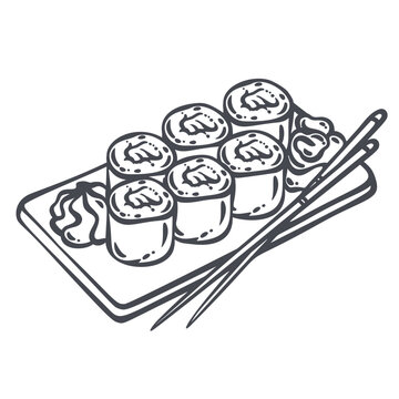 Japanese Sushi Roll on tray with maki pieces, rice filling, pickled ginger and chopsticks. Asian restaurant menu with japanese sushi roll, outline vector illustration.