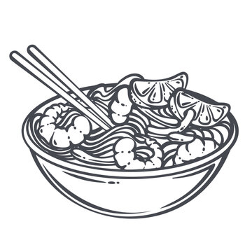 Thai Noodle Bowl with rice noodles, shrimp, lime wedges, chopsticks and bold ink contour. Asian restaurant menu with thai noodle bowl, outline vector illustration.