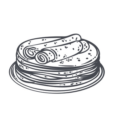 Pancake Stack on plate with round layered pancakes, rolled pieces, dotted texture and bold ink contour. Breakfast menu with pancake stack, outline vector illustration.
