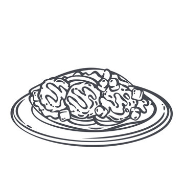 Mexican Taco on plate with folded tortilla, lettuce, cheese cubes, sauce lines and bold ink contour. Mexican street food menu with mexican taco, outline vector illustration.