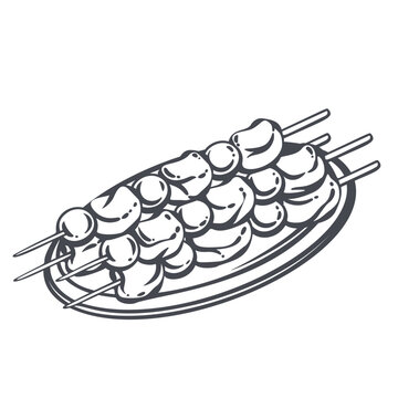 Greek Souvlaki Skewers on plate with grilled meat pieces, round vegetables and wooden sticks. Greek street food menu with greek souvlaki, outline vector illustration.