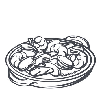Spanish Paella Pan with rice, shrimp, mussels, lemon slices and seafood pieces. Mediterranean menu with spanish paella pan, outline vector illustration.