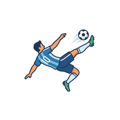 Naklejka premium Pixel art soccer player kicking a ball in mid-air.