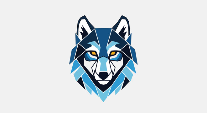Modern abstract geometric blue wolf head illustration with sharp lines and polygonal shapes, fierce animal graphic design.
