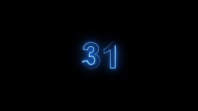 Animation of glowing neon cyan color number text animation . cyan , neon number 31 .neon color, neon lighting,31 percentage discount animated- 4k black background animation video
