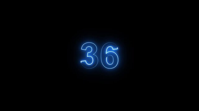 Animation of glowing neon cyan color number text animation . cyan , neon number 36 .neon color, neon lighting,36 percentage discount animated- 4k black background animation video
