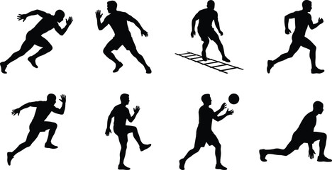 Athletic training and running silhouettes set showcasing sprinting agility ladder drills cardio and sports exercises © MdAsikul