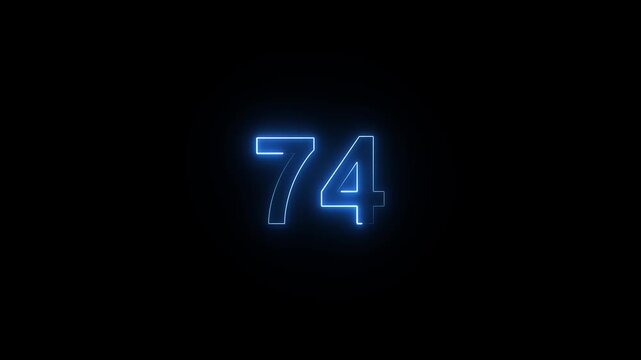 Animation of glowing neon cyan color number text animation . cyan , neon number 74 .neon color, neon lighting,74 percentage discount animated- 4k black background animation video