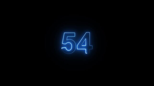 Animation of glowing neon cyan color number text animation . cyan , neon number 54 .neon color, neon lighting,54 percentage discount animated- 4k black background animation video