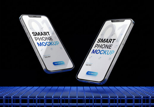 Dual Smartphone Mockup Blue Grid