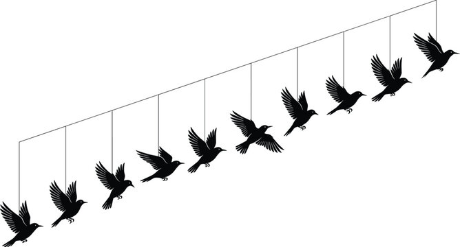 Bird flight cycle animation sprites set showing sequential flying wings movement silhouettes on lines