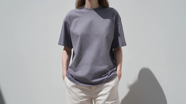 Gray t-shirt mockup, woman wearing casual clothing against plain wall for fashion advertising, apparel brand promotion and retail display. Oversized shirt, basic outfit and blank space for logos.