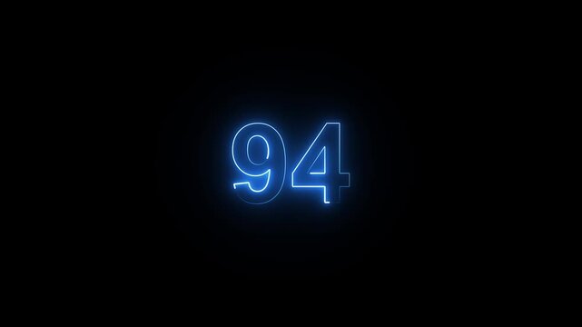 Animation of glowing neon cyan color number text animation . cyan , neon number 94 .neon color, neon lighting,94 percentage discount animated- 4k black background animation video