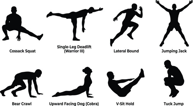 Calisthenics and bodyweight exercise silhouettes set with names including cossack squat jumping jack and bear crawl