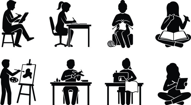 Creative hobbies and arts icons set showing people drawing painting knitting crafting and digital sketching silhouettes