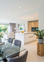 Fototapeta premium Modern Open Plan Kitchen and Living Room Interior Design with Minimalist Decor and Garden View