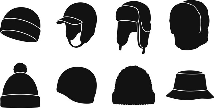 Winter hats and headwear silhouettes set featuring beanies trapper hats and warm seasonal cap accessories