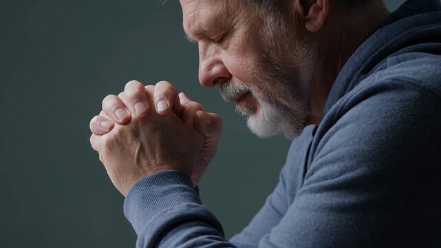 Prayer, senior man and faith with hope in room for spirituality, worship and religion. Elderly person, meditation and hands for belief, church and grace with christian, holy and emotional peace