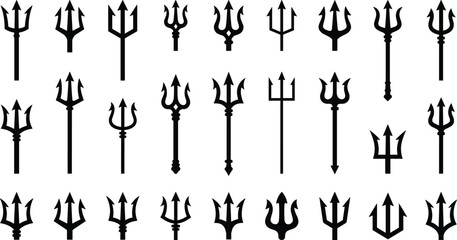 Trident icon set with neptune spear poseidon weapon marine mythology sea ocean devil pitchfork and gothic vectors © MstLaky