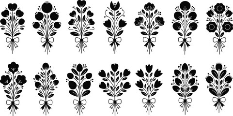Black floral bouquet silhouettes folk art botanical illustrations Scandinavian style flowers decorative vector set for wedding craft design clipart prints © MstTanjila
