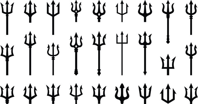 Trident icon set with neptune spear poseidon weapon marine mythology sea ocean devil pitchfork and gothic vectors