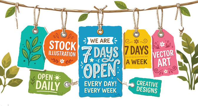 Open sign vector banner with seven days open text hanging tag label business retail store illustration vectors