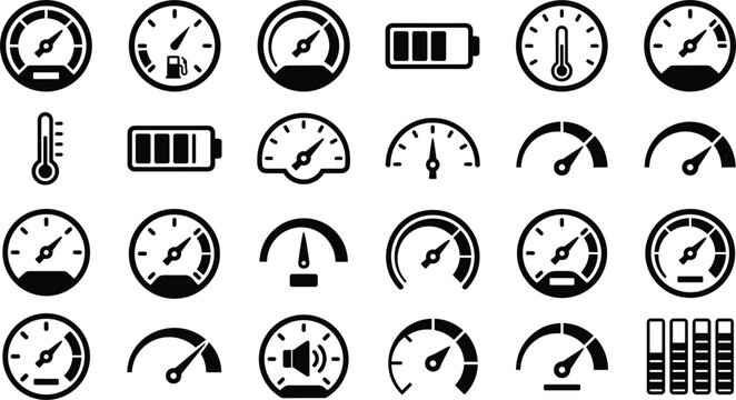 Speedometer icon set with gauge dashboard meter indicator dial battery level temperature measurement car instrument performance vectors