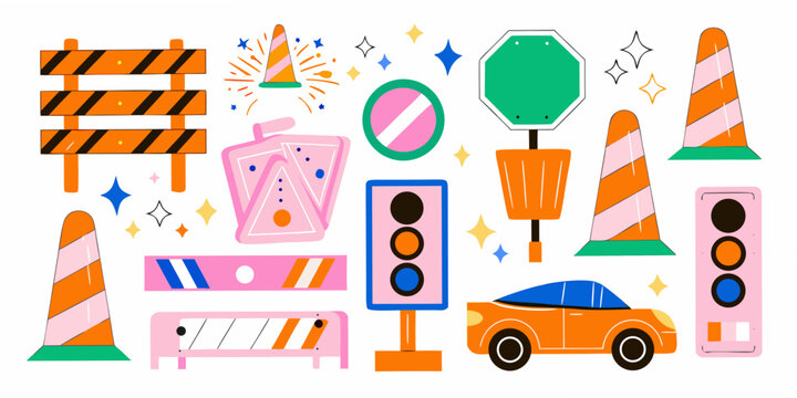 Traffic Signs And Road Safety Elements Colorful Vector Illustration