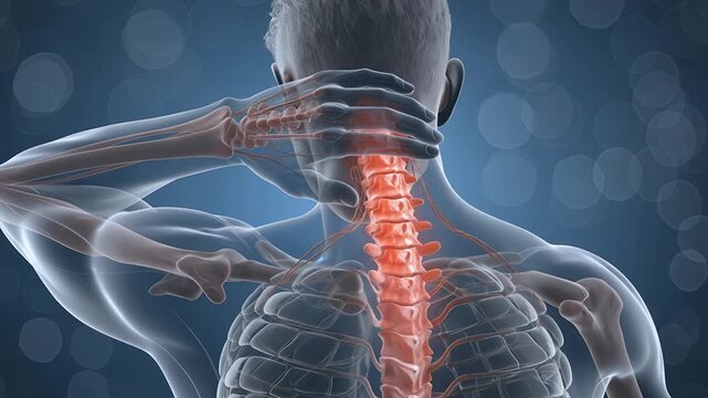 Neck pain, spine and medical anatomy for healthcare, physiotherapy and surgery. Human backbone, cervical ache and injury on blue background with wellness, chiropractic treatment, rehab and clinic