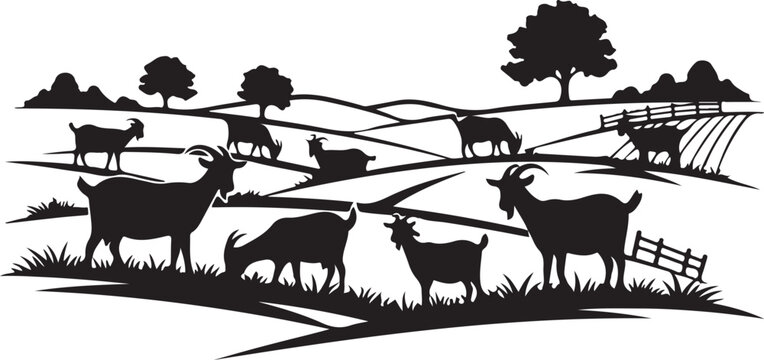 Black silhouette goats on rolling hills with fences and trees