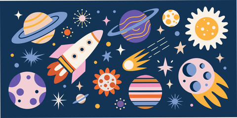 Planets rocket and sun vector illustration with a dark blue background © Topoti