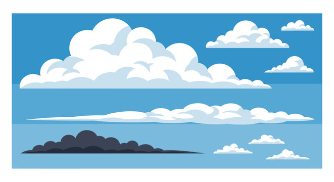 Set of various fluffy white and dark storm clouds isolated on blue sky background.