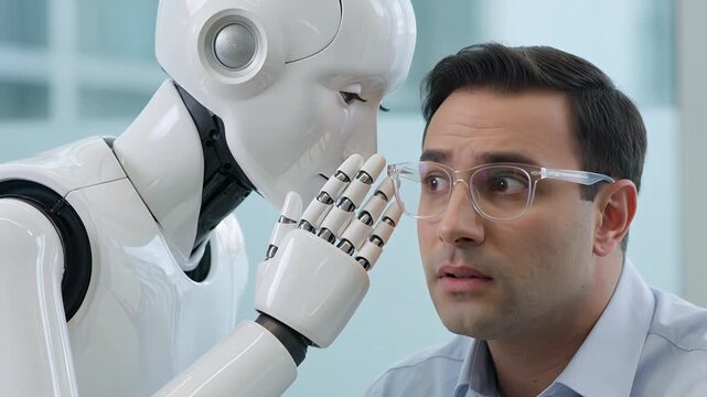 Robot, human interaction and AI assistant whispering to businessman in office for innovation, future technology and corporate advice. Artificial intelligence, cyborg and employee with digital ideas