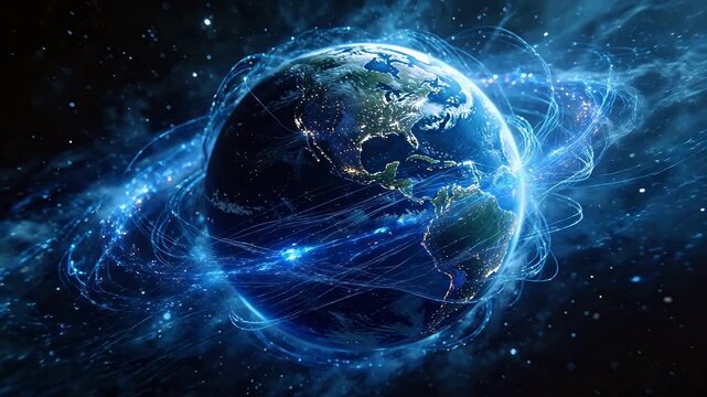Earth globe suspended in space with continents city lights blue particles and starry background