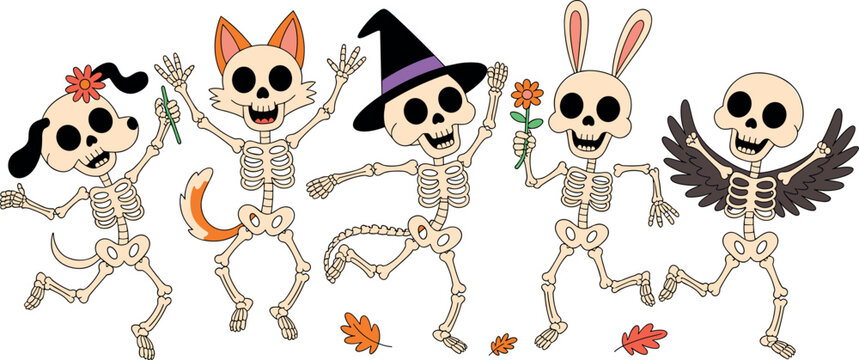 Cute cartoon animal skeletons collection set vector illustration isolated on white background for Halloween graphic design elements