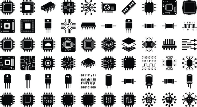 Microchip icon set with CPU processor circuit board semiconductor computer hardware technology digital component electronic data vectors