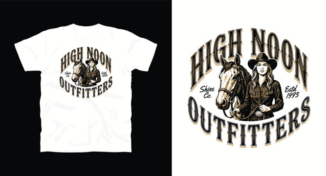 High noon outfitters vintage cowgirl with horse t-shirt design western ranch clothing brand vector illustration.