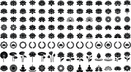 Lotus flower icon set with yoga meditation lily pad wreath bloom floral nature wellness spa and relaxation vectors © MstLaky