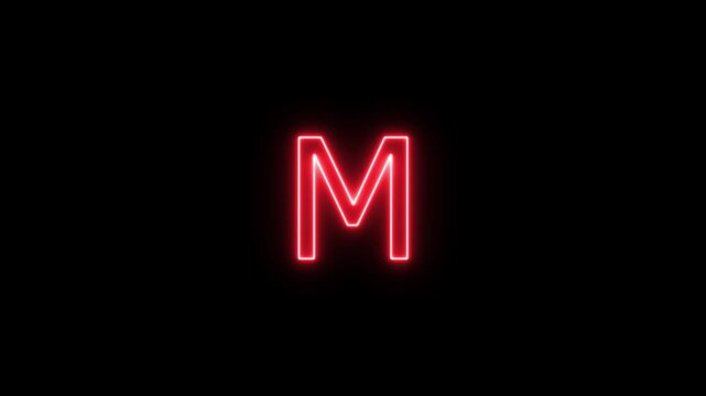 Neon letter alphabet M animation. Glowing neon capital letter alphabet M animation.Educational concept om black background.Glowing neon alphabet text animation. 4k video