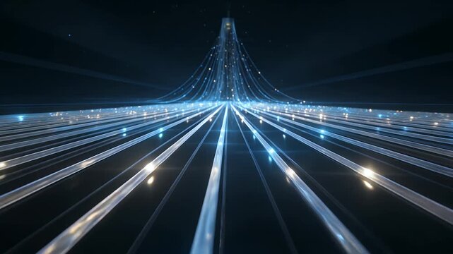 Data, technology and network connectivity with digital fiber optic cables for high speed internet. Future, communication and information infrastructure with blue light trails in dark cyberspace.