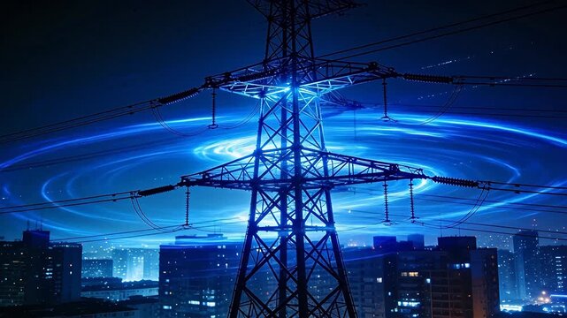 High voltage power tower with blue spiral light effects against illuminated night city