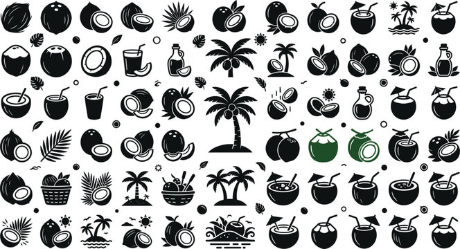 Coconut icons set with palm trees tropical fruit cocktails juice oil leaves islands vector black silhouette collection