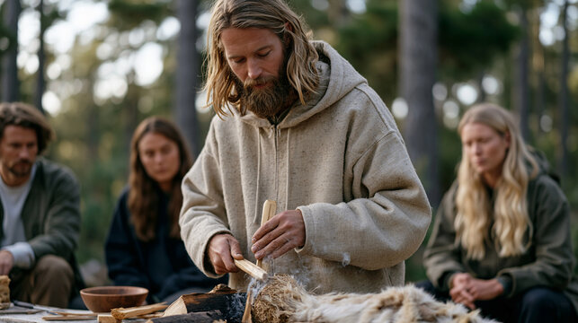 Bushcraft instructor demonstrating fire bow drill technique to three adult students in forest clearing, friction fire making, primitive survival skills class, hands-on wilderness