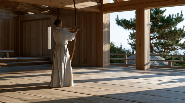Kyudo archer in ceremonial hakama drawing a yumi bow at dawn in a wooden dojo, breath held in a moment of zanshin stillness, pine beams overhead casting geometric shadows across