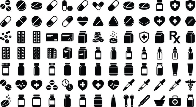 Medical pills icons set with medicine capsule tablets bottle pharmacy healthcare prescription drug silhouettes vector collection elements