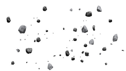 Dark Stone Debris Field Floating in Air, Asteroid Rock 3D Render Isolated